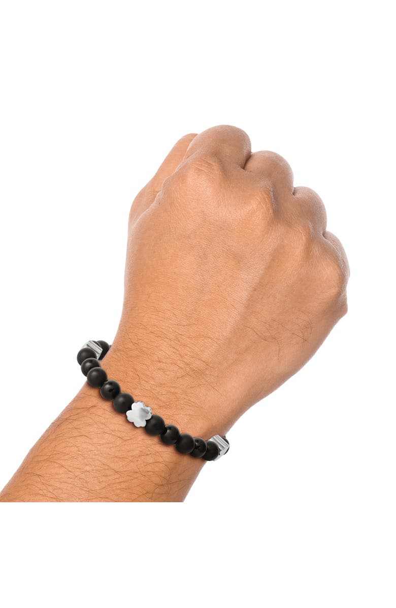 Lucky Brand Black Onyx 4 Piece Clover Beaded Elastic Bracelet, Alternate, color, Black, White