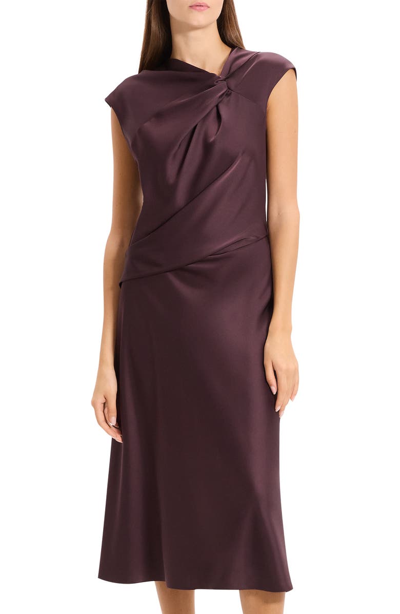 Theory Twist Bodice Satin Midi Dress, Alternate, color, Deep Plum