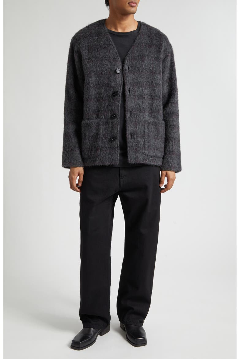 Fuzzy Check Wool & Alpaca Blend Cardigan, Alternate, color, FUZZED PLUM CHECK HAIRY WOOL