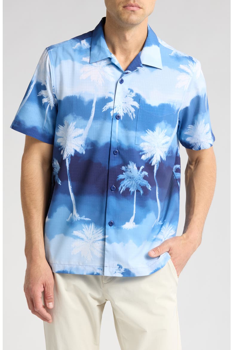Bahama Coast Showers Palm Tree Print Performance Camp Shirt, Main, color, GLACIER BLUE