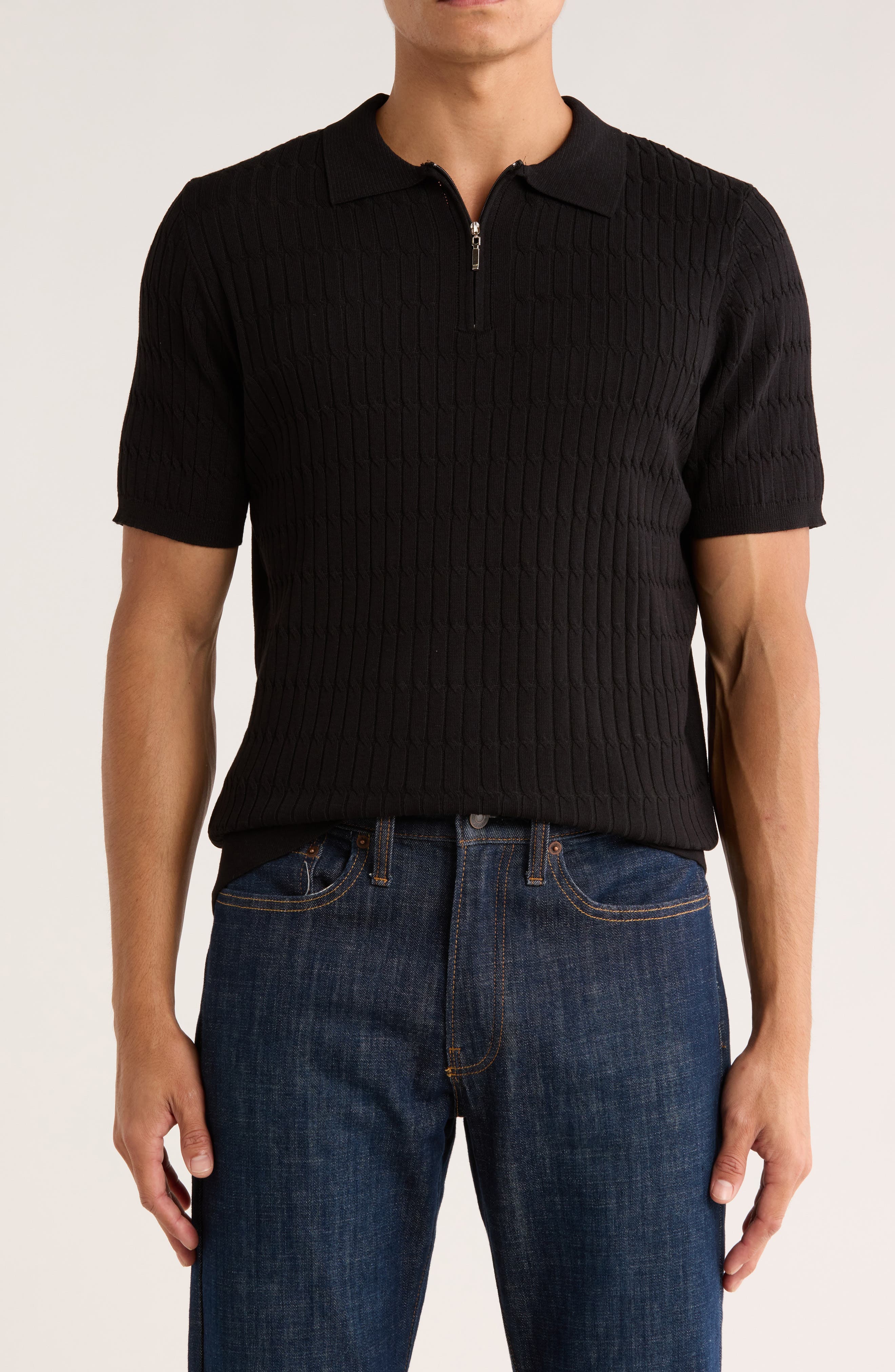 T.R. PREMIUM Cable Knit Short Sleeve Half Zip Sweater