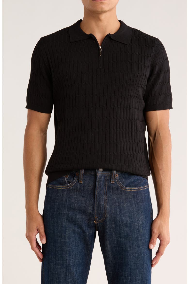 Cable Knit Short Sleeve Half Zip Sweater, Main, color, BLACK