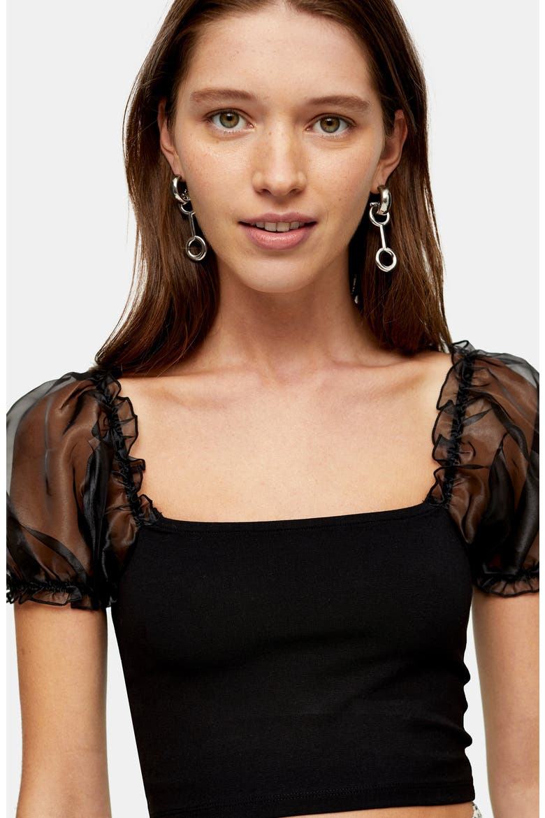 Organza Puff Sleeve Ponte Top, Alternate, color, BLACK