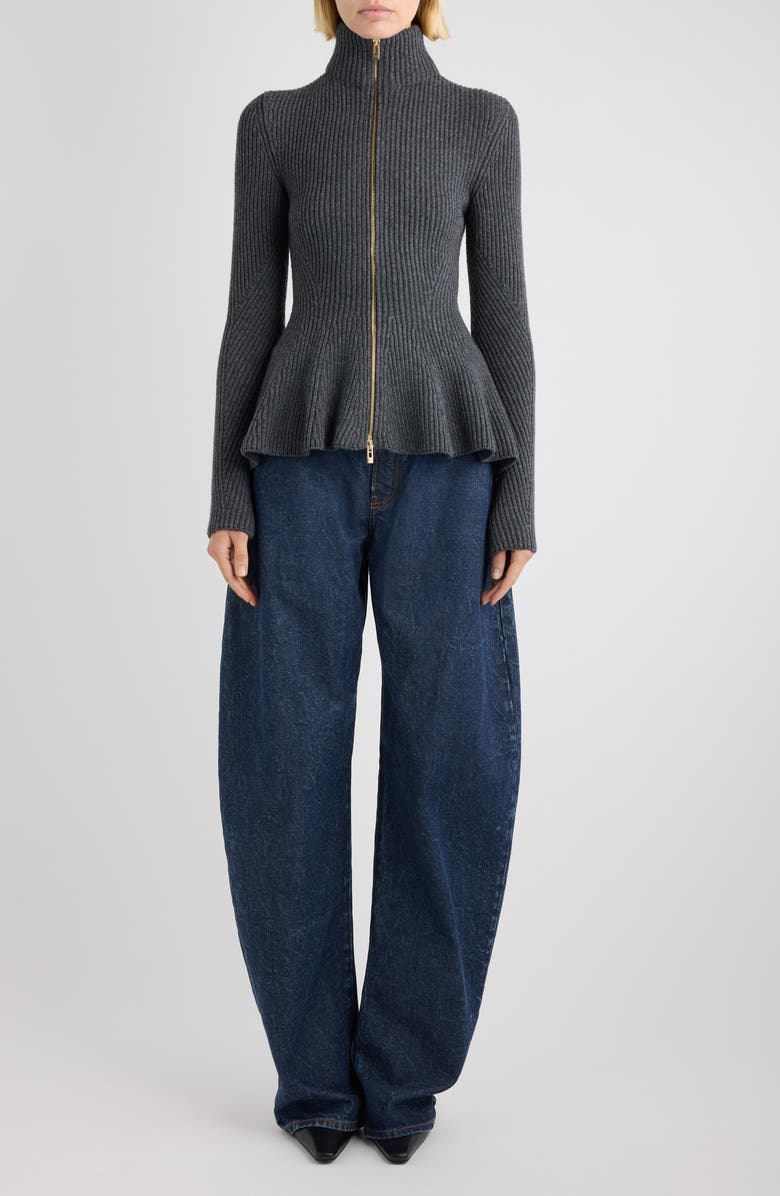 Alaïa Virgin Wool & Cashmere Peplum Cardigan, Alternate, color, Gris Fonce