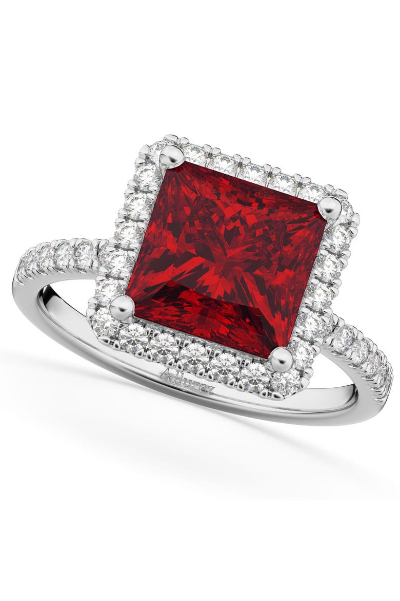 Princess Cut Halo Ruby & Diamond Engagement Ring 14K, Main, color, 3.47ct/White Gold