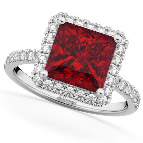 Princess Cut Halo Ruby & Diamond Engagement Ring 14K