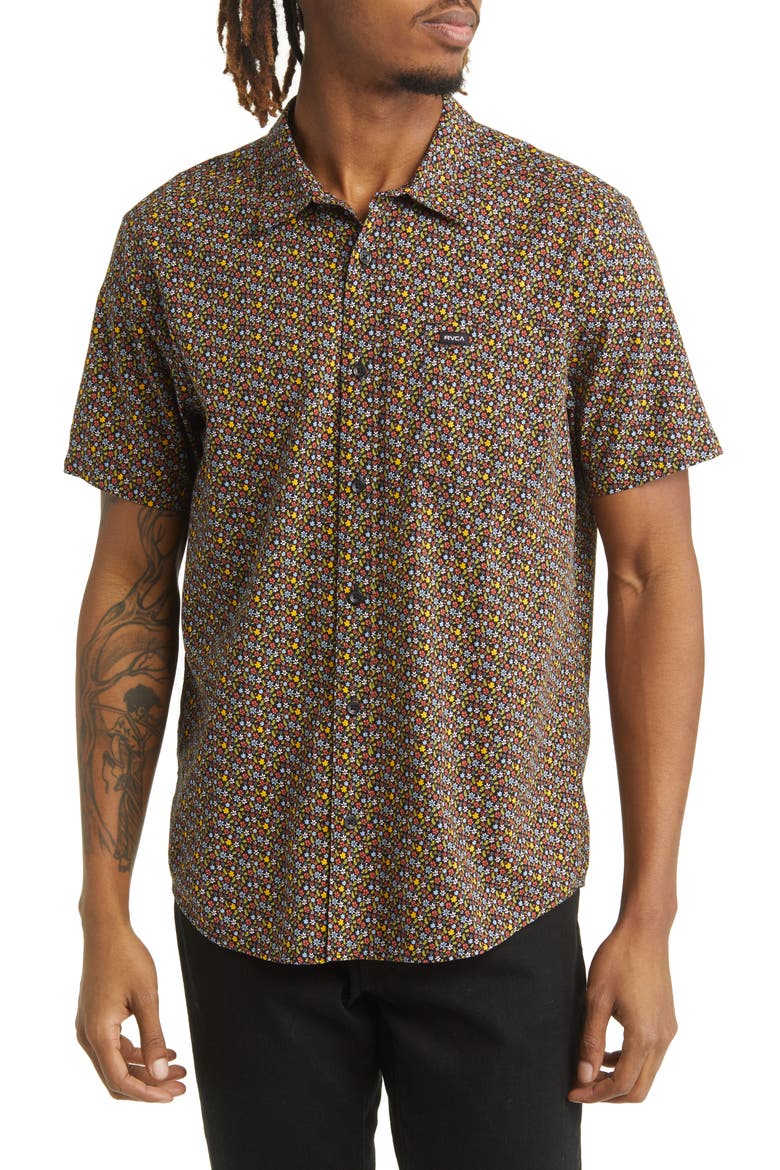 Micro Garden Floral Short Sleeve Button-Up Shirt, Main, color, BLACK MULTI