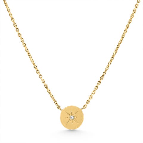Diamond Disc Starburst Pendant 14k Gold Necklace 18"