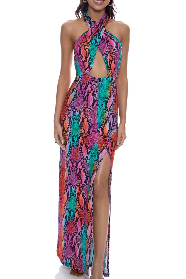 Halter Neck Cut Out Long Dress, Main, color, Multi-purple