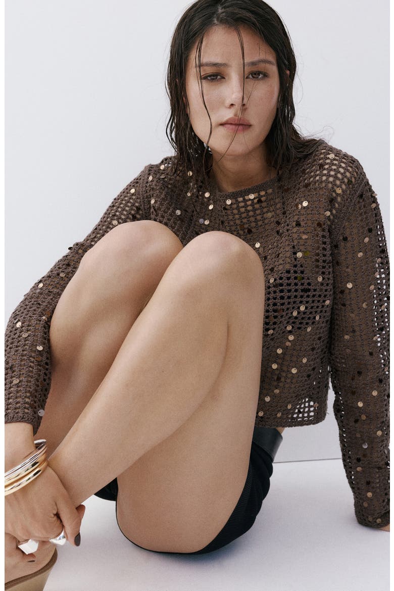 Sequined Crocheted Sweater, Alternate, color, CHOCOLATE