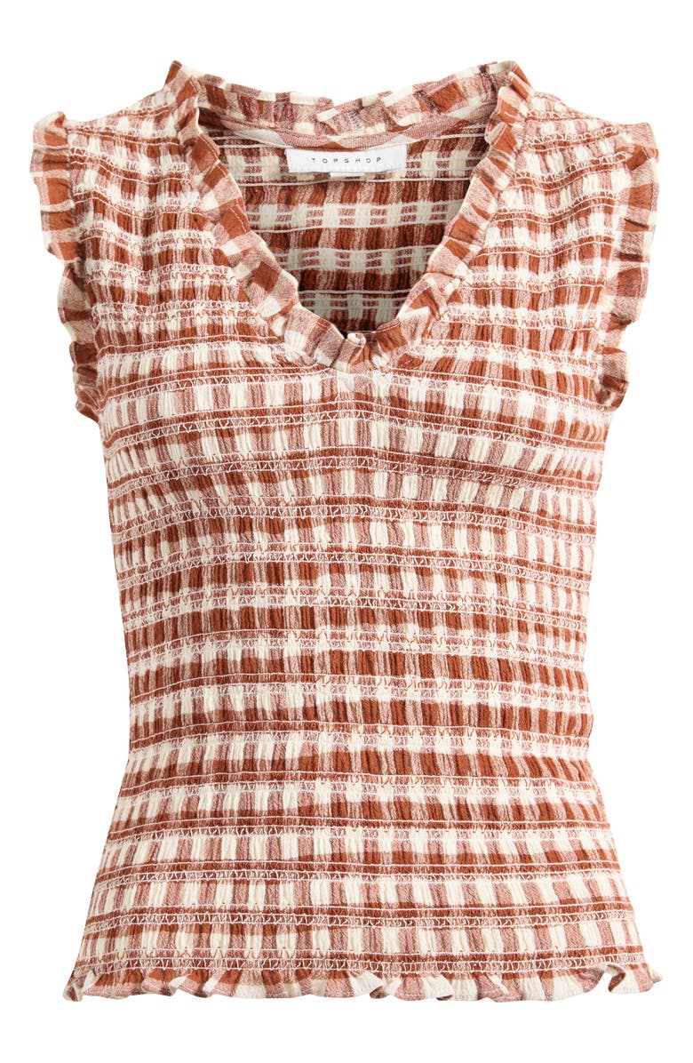 Topshop Plaid Smocked Tank Top, Alternate, color, Rust