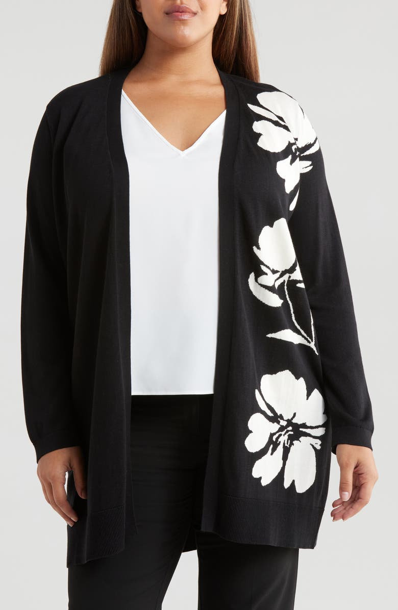 Anne Klein Floral Intarsia Open Front Longline Cardigan, Main, color, 