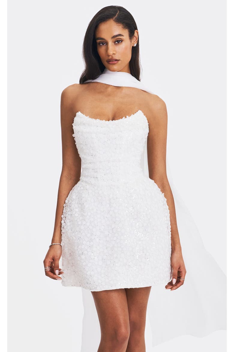 Tressa Beaded Mesh Strapless Mini Dress, Main, color, White