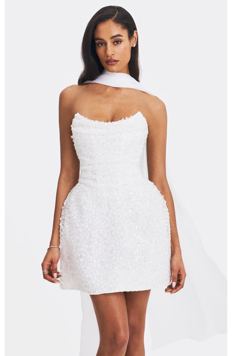 Miss Circle Tressa Beaded Mesh Strapless Mini Dress, Main, color, White