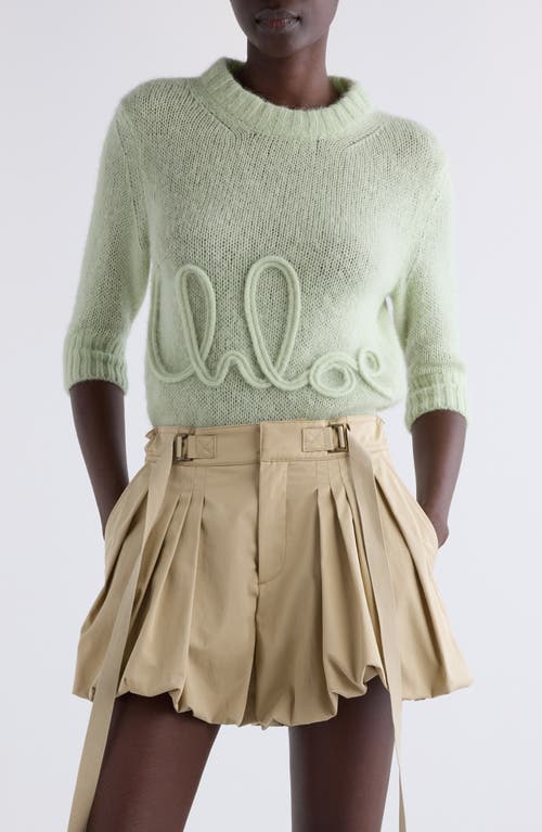 Chloé Pull Manches Trois-quart En Maille De Laine Alpaga Et Soie À Logo Femme Vert Taille Xs 62% Wool Vicu In Green