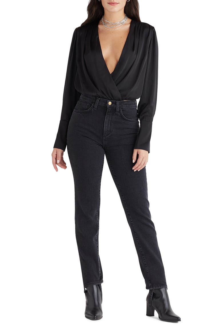 Surplice Long Sleeve Satin Bodysuit, Alternate, color, BLACK