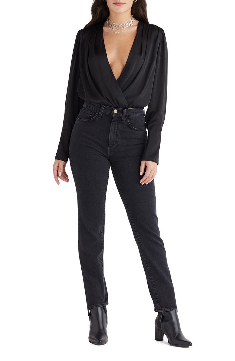 Favorite Daughter Surplice Long Sleeve Satin Bodysuit, Alternate, color, Black