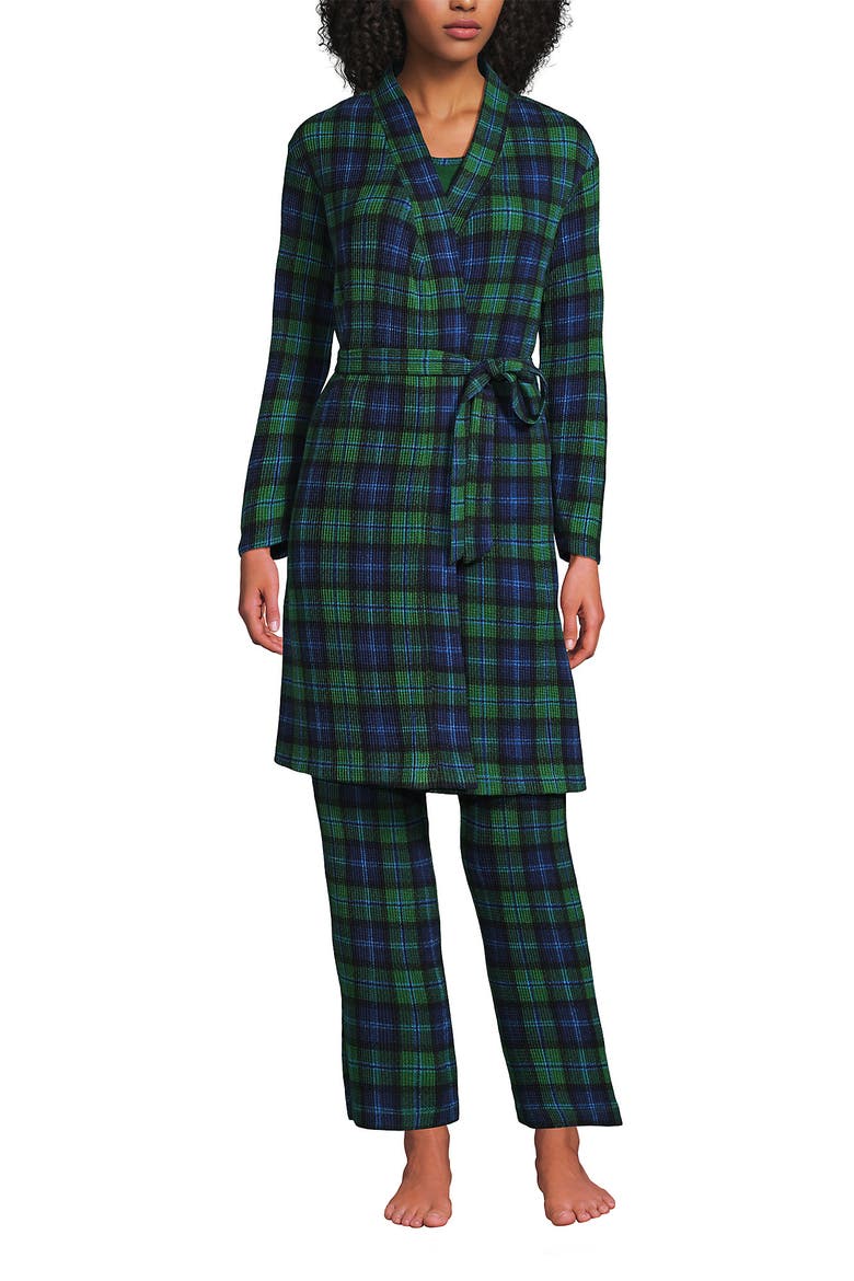 Brushed Cozy Waffle Jersey 3 Piece Pajama Set - Tank Top Pant and Robe, Main, color, Light Emerald Blackwatch