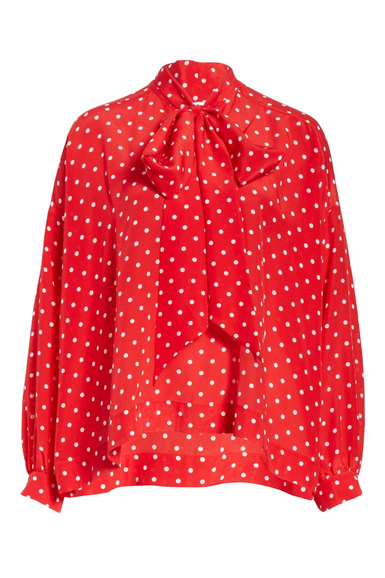 Polka Dot Tie Neck Silk Blouse, Alternate, color, RED/ WHITE