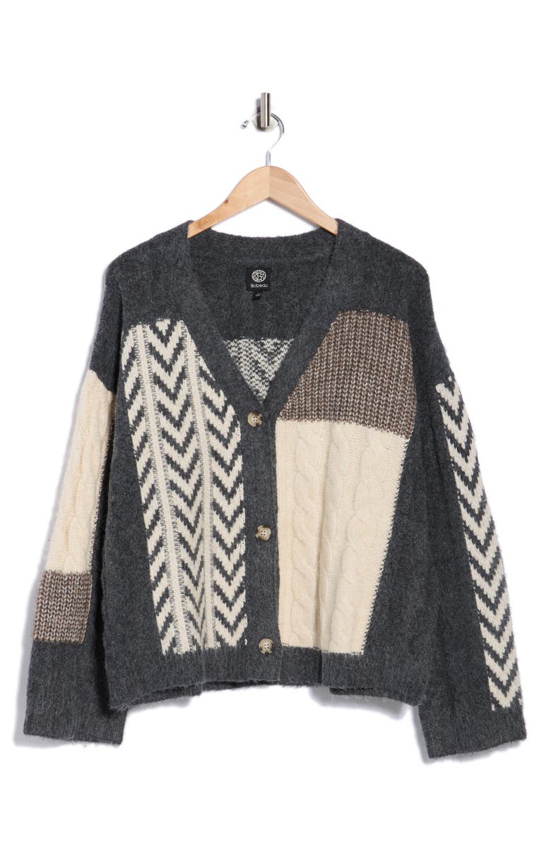 Bobeau Chevron Patchwork Cardigan, Alternate, color, Charcoal Mix