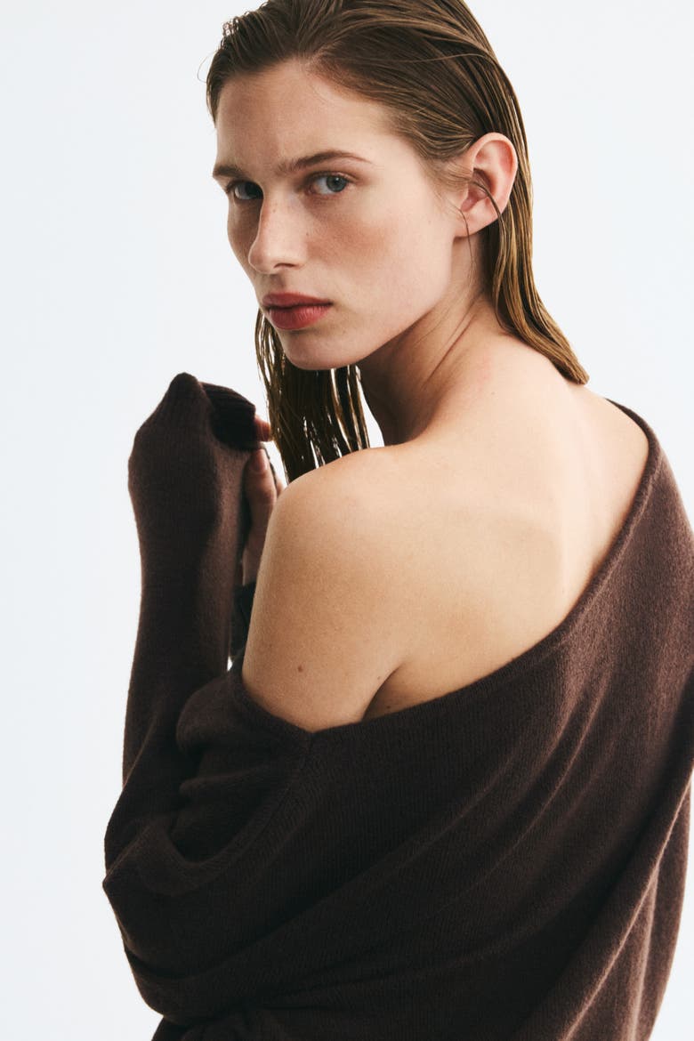 Fine-Knit One-Shoulder Sweater, Alternate, color, Dark brown