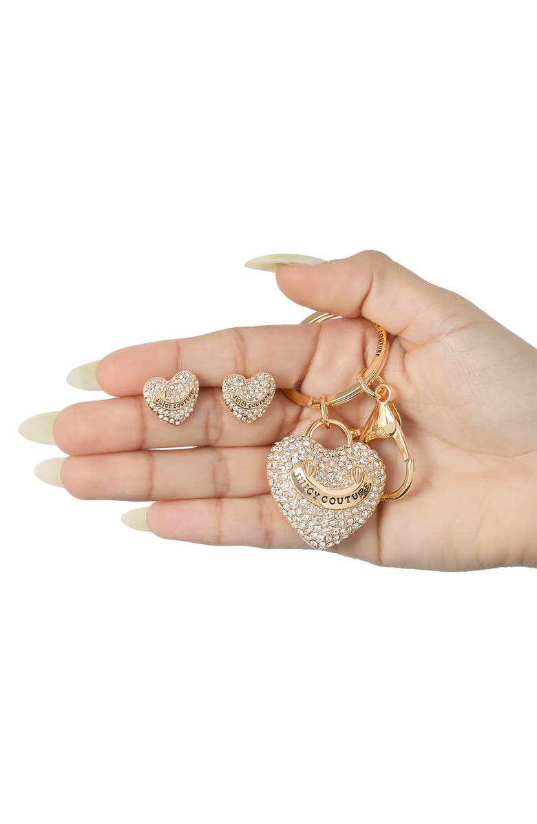 Juicy Couture Pave Heart Keychain & Earrings Set, Alternate, color, Gold, Silver