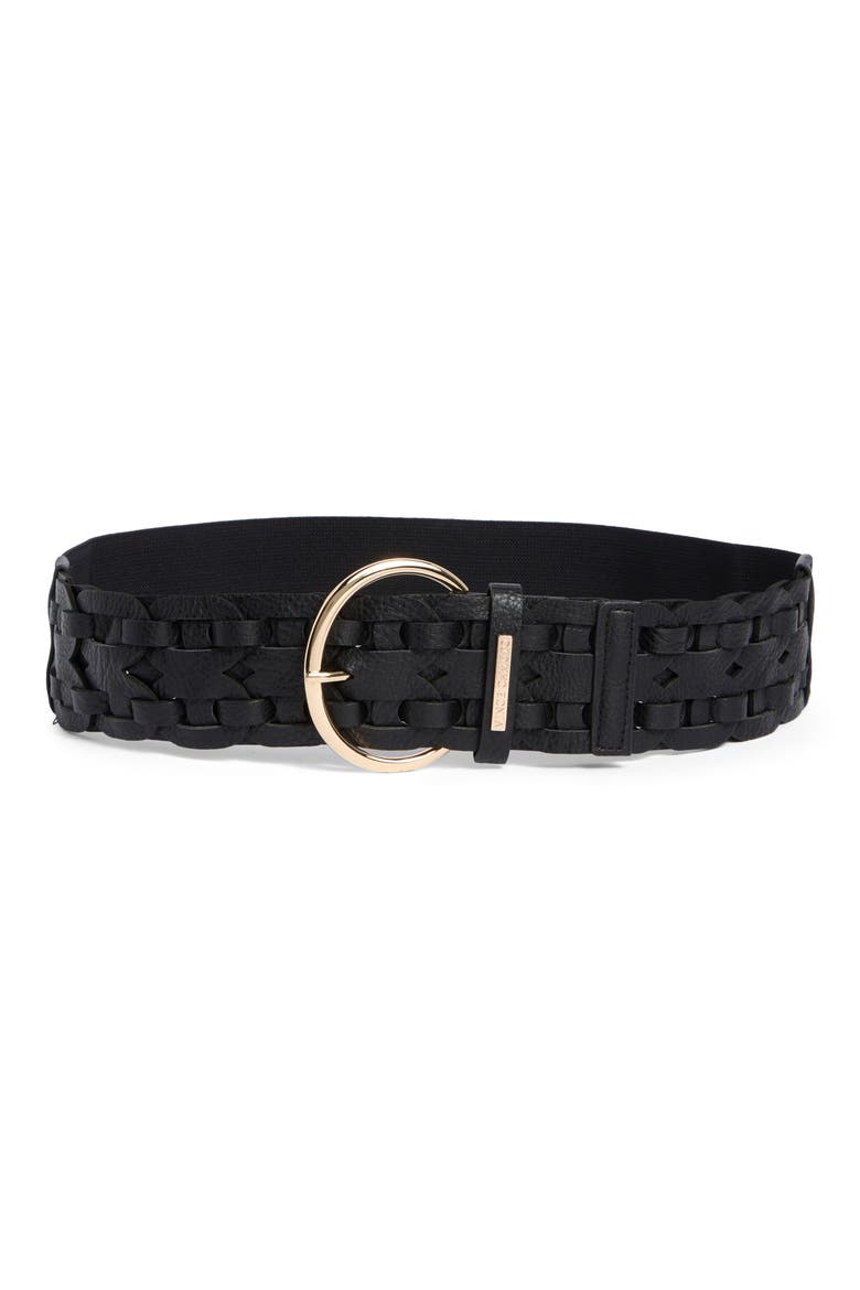 Stretch Woven Faux Leather Belt, Main, color, BLACK GOLD