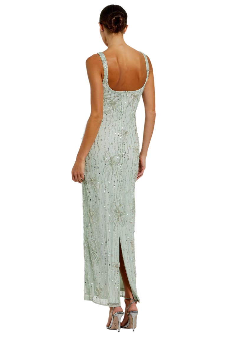 Women's Beaded Mesh Scoop Neck Fitted Gown With Bows, Alternate, color, Seafoam