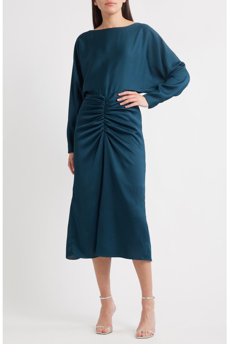 Ruched Long Sleeve Cocktail Dress, Main, color, PETROL