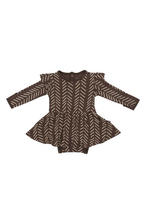 Espresso Herringbone Long Sleeve Skirted Bodysuit (Baby)