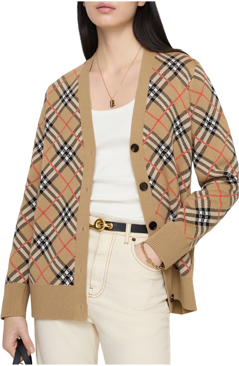 Burberry Check Cotton Wool Cardigan, Main, color, Sand Beige