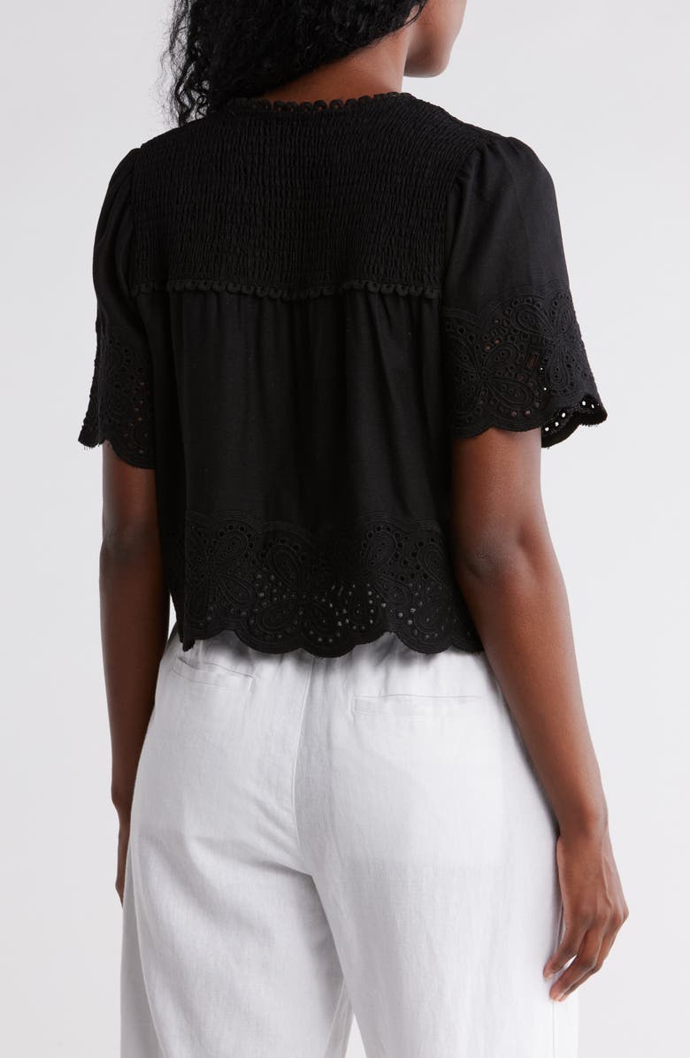 Ellen Tracy Embroidered Eyelet Short Sleeve Popover Top, Alternate, color, Black