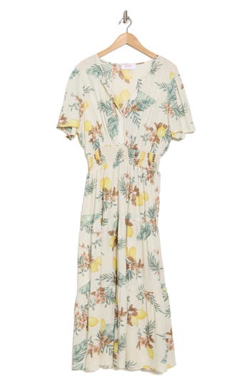 Renee C Lemon Print Midi Dress In Taupe