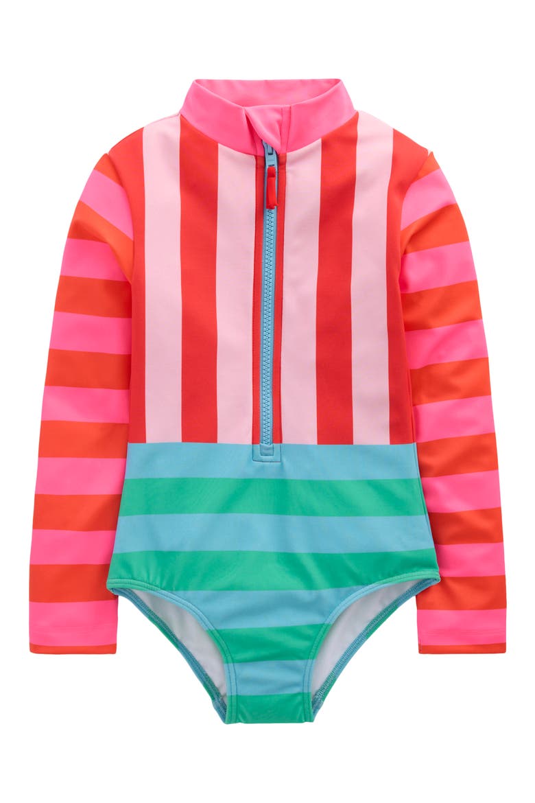 Kids' Long Sleeve Zip-Up One-Piece Rashguard Swimsuit, Main, color, MULTI HOTCHPOTCH STRIPE