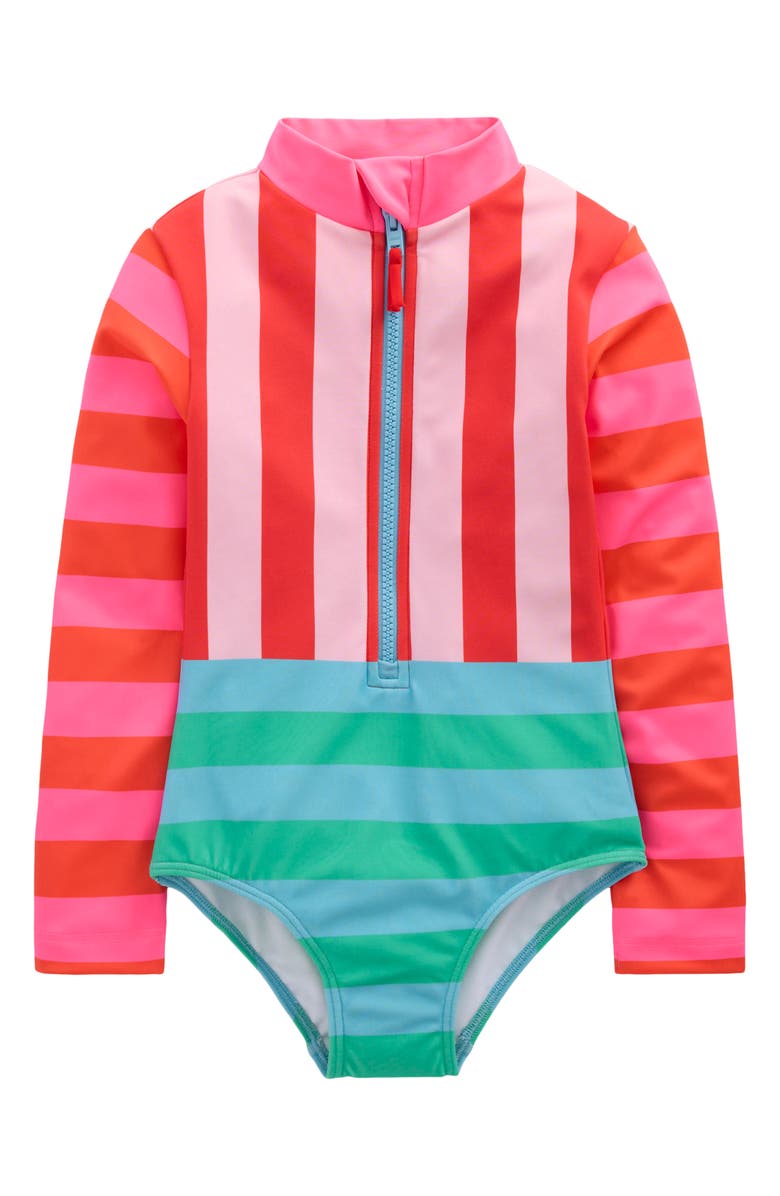 Mini Boden Kids' Long Sleeve Zip-Up One-Piece Rashguard Swimsuit, Main, color, Multi Hotchpotch Stripe