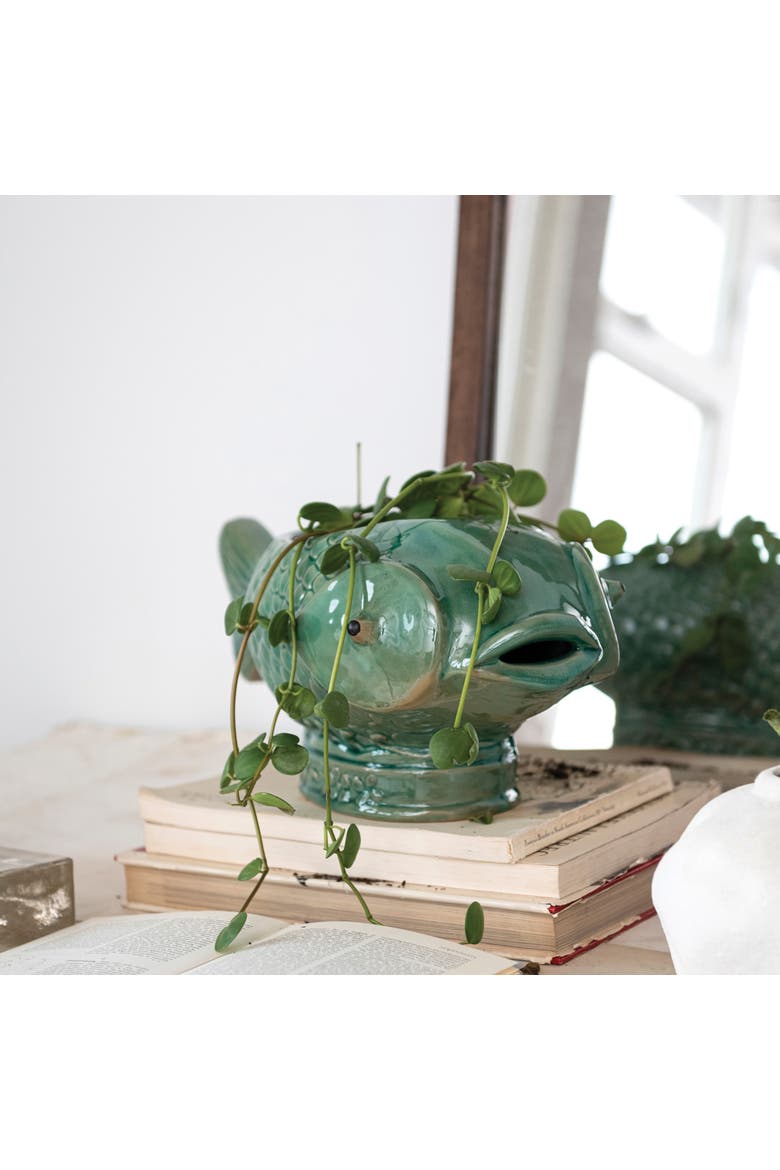 Debossed Stoneware Fish Planter with Reactive Glaze, Turquoise, Alternate, color, Blue
