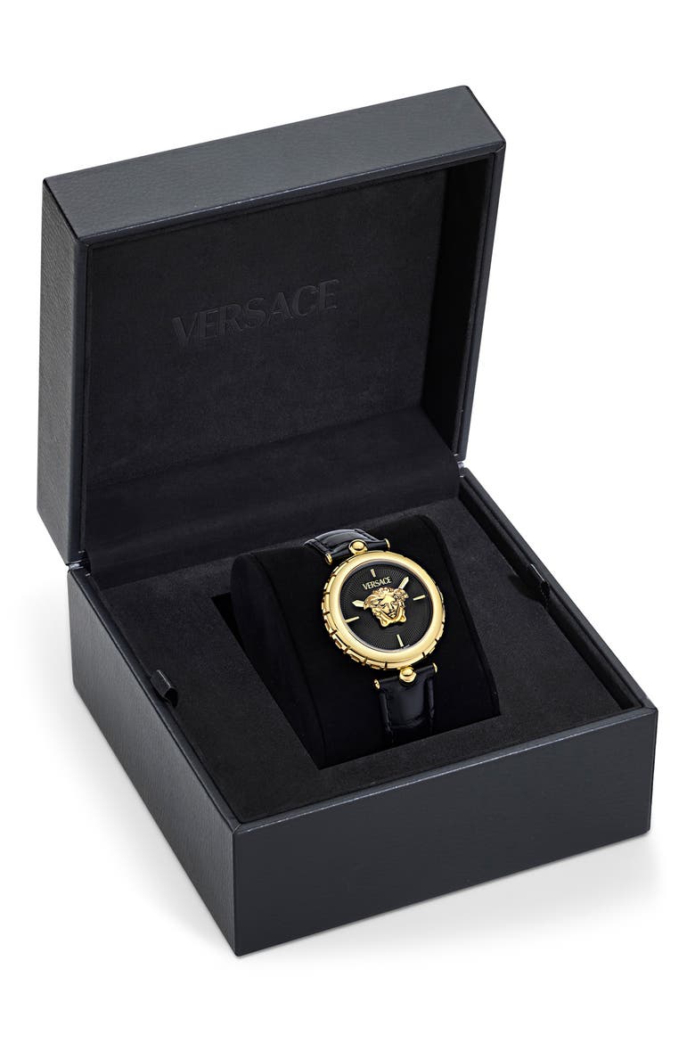 Medusa Heritage Leather Strap Watch, 38mm, Alternate, color, IP YELLOW GOLD