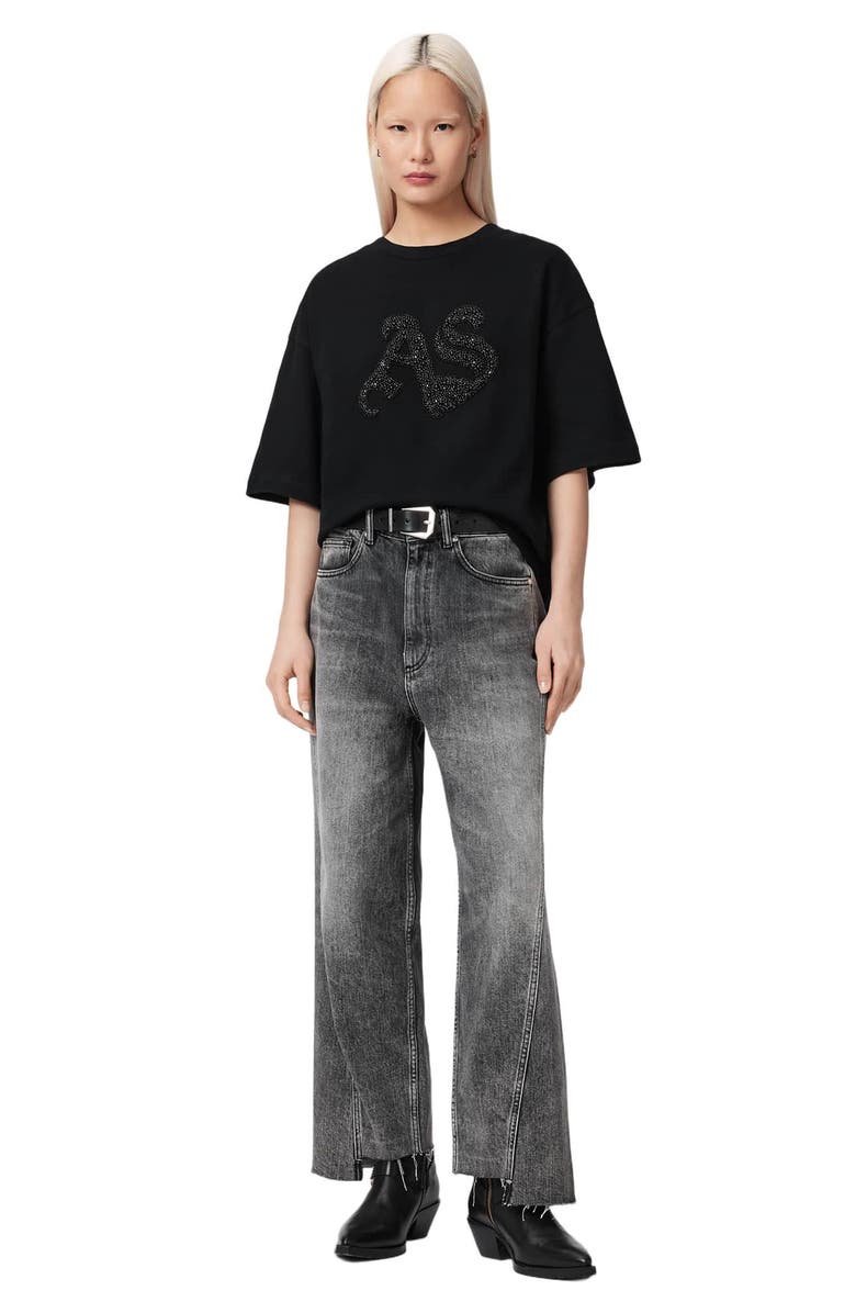 AllSaints Icon Amelie Oversize Rhinestone Cotton T-Shirt, Alternate, color, Black
