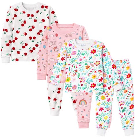 Kids 3 Pack Pajamas Toddlers and Girls Snug Fitted Long Sleeve Sleepwear Sets