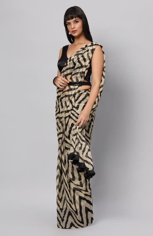 ONE MINUTE SAREE® ONE MINUTE SAREE® MAYA CREAM & BLACK ZIGZAG GEORGETTE READY TO WEAR ONE MINUTE SAREE 