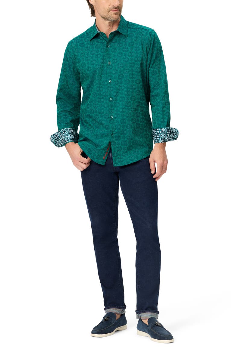 Patterned Long Sleeve Button Up Shirt, Alternate, color, EVERGREEN