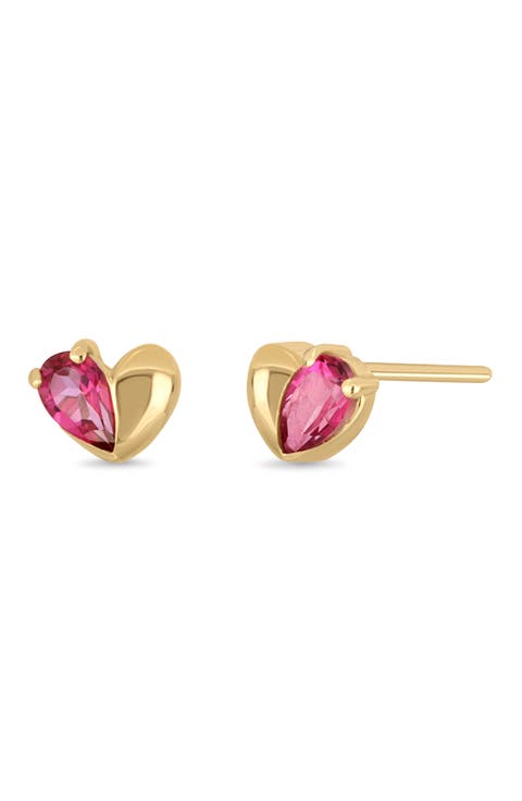 14K Yellow Gold Pink Topaz Heart Stud Earrings