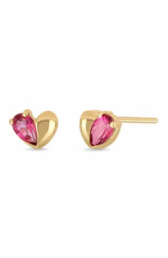 14K Yellow Gold Pink Topaz Heart Stud Earrings