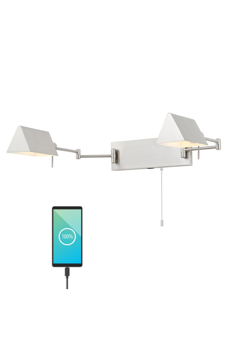 JONATHAN Y Arlo 2-Light Farmhouse Industrial Double Swing Arm Iron LED Wall Sconce with Pull-Chain USB Charging Port, Main, color, Nickel