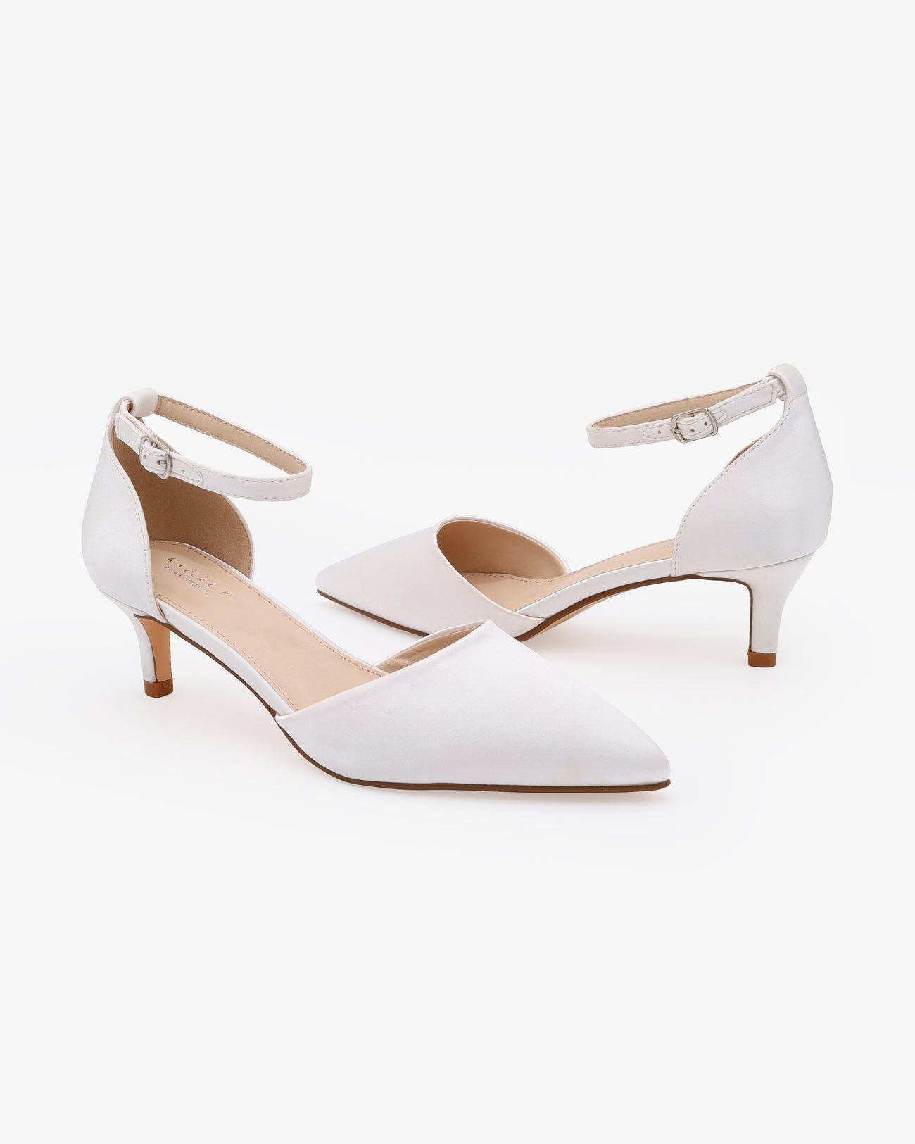 Kailee P Farah Satin pointed toe Kitten Low Heel Wedding Shoes, Alternate, color, White