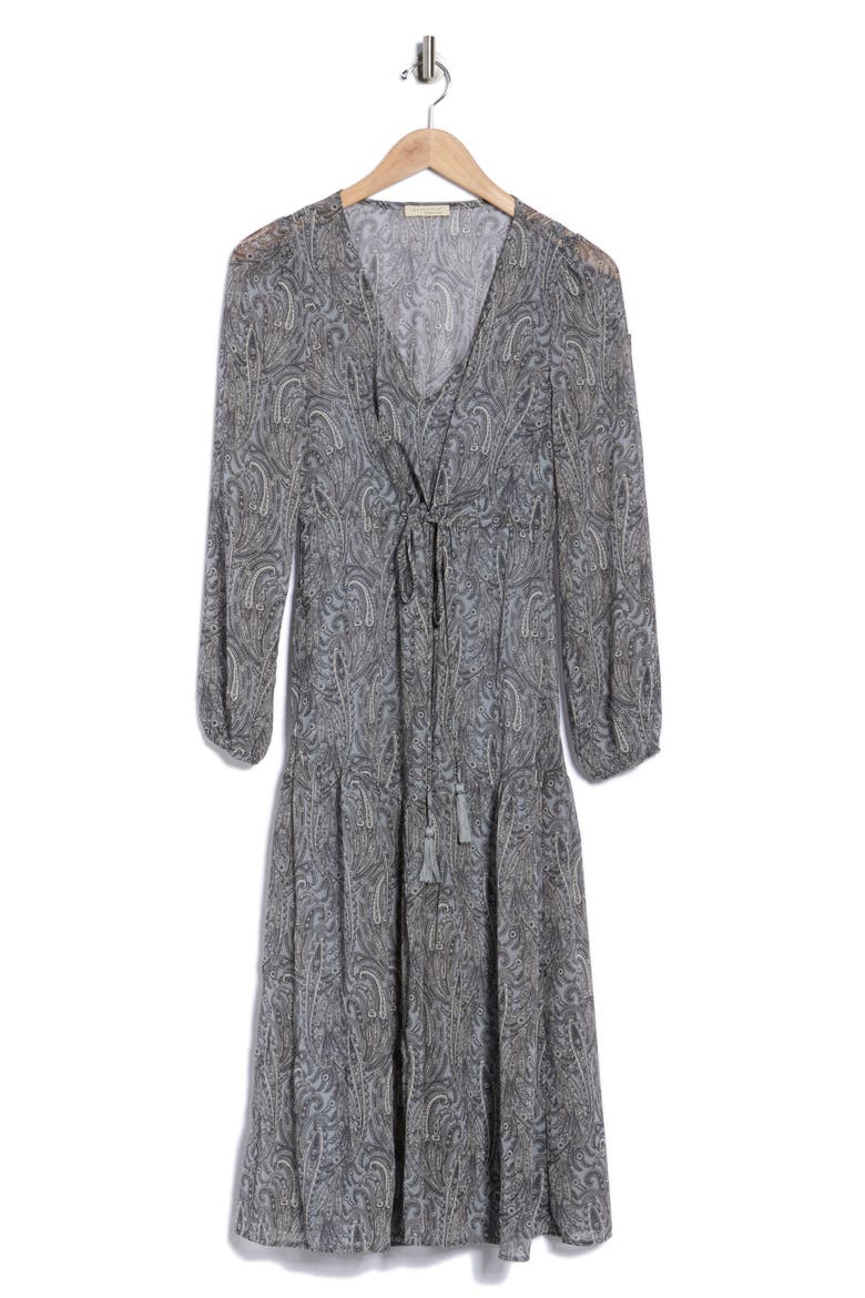 Paisley Long Sleeve Chiffon Midi Dress, Alternate, color, GREY/ NATURAL