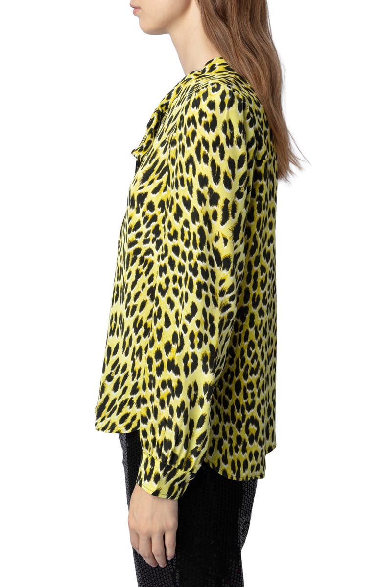 Zadig & Voltaire Taos Leopard Spot Tie Neck Silk Blouse, Alternate, color, Jonquil