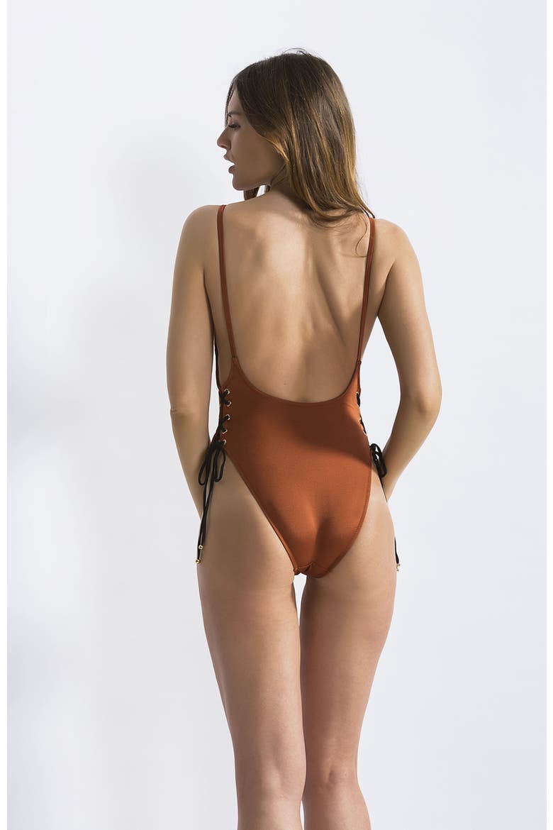 Side Lace-Up V-Neck One-Piece Swimsuit, Alternate, color, Copper