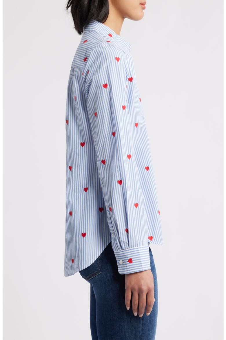 heart dress shirt Light Blue Denim Shirt with Red Heart Pattern, Ecru Buttons & Long Sleeves Jack Heart Shirt by EASY CLOTHES Size M