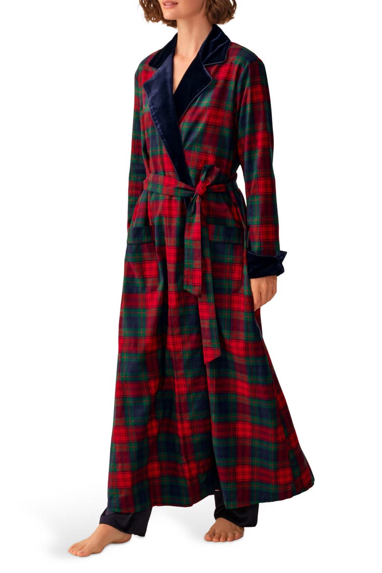 Velvet Trim Brushed Cotton Twill Robe, Alternate, color, RED